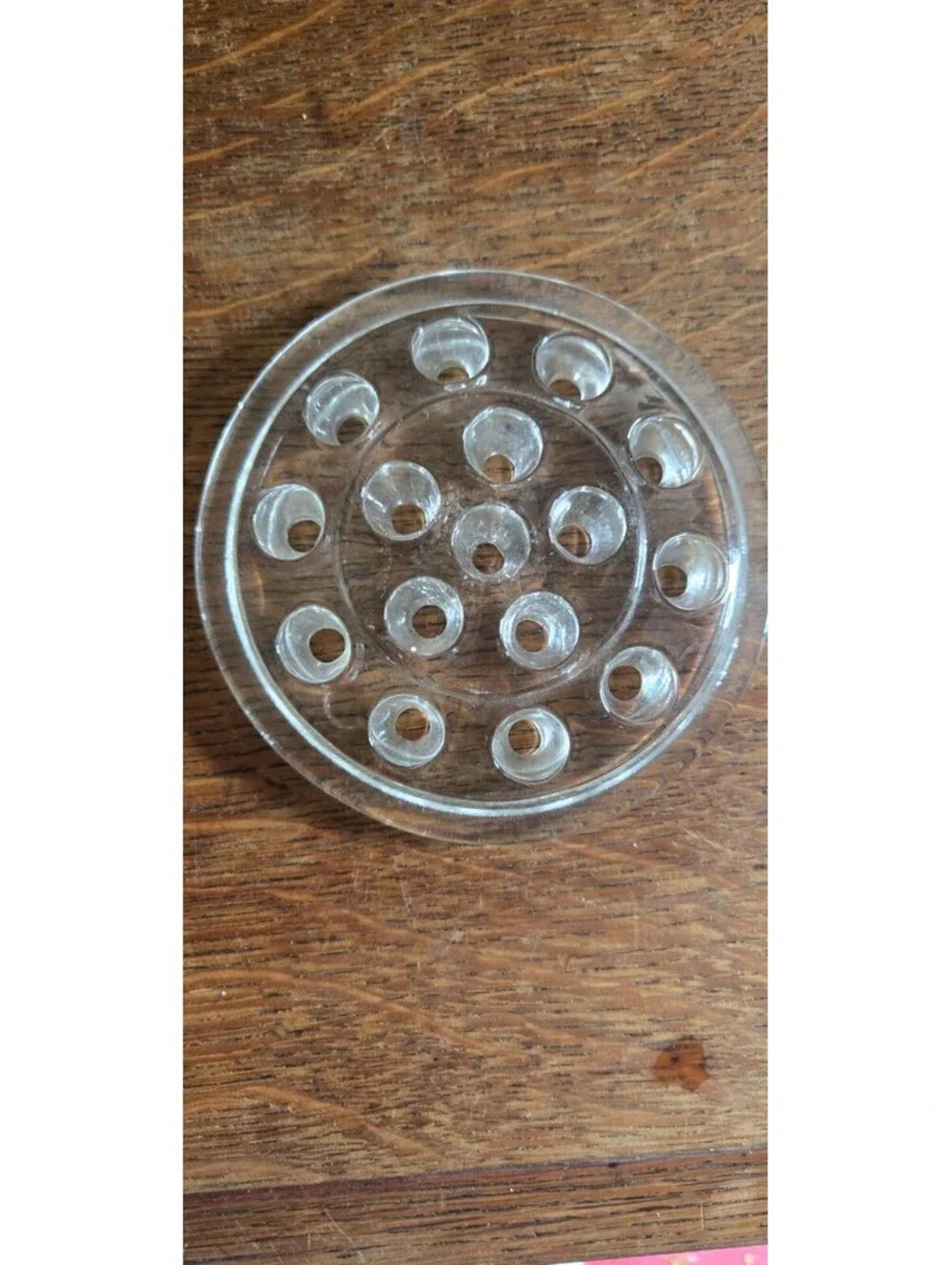 Vintage Clear Round Glass 16 Hole Flower Frog Flowers Arrangements Holder 5”